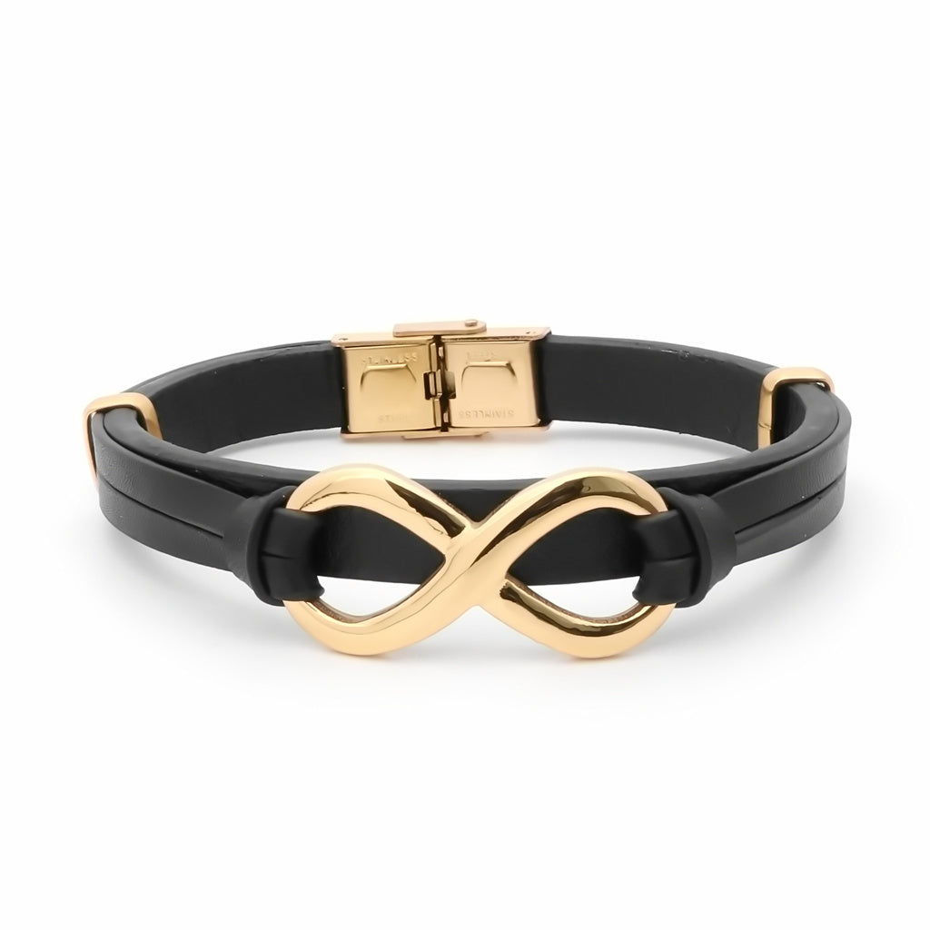 Infinity Symbol Black Leather Bracelet - Gold