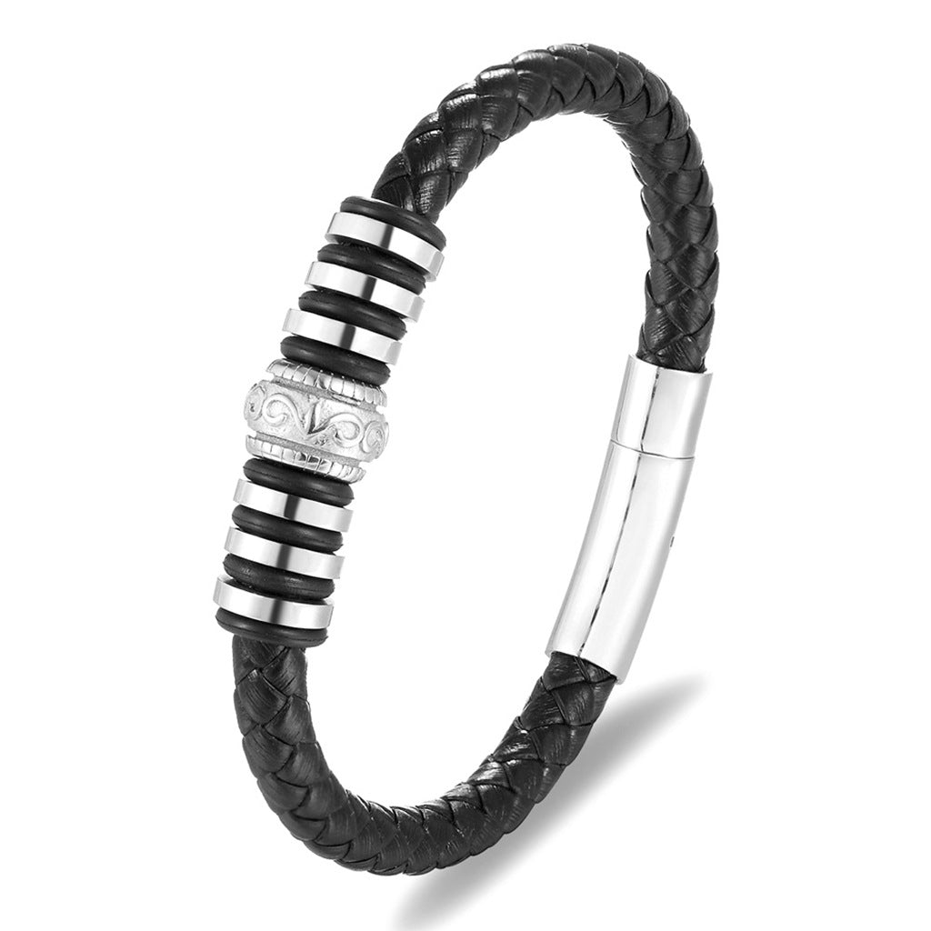 Single-Band Braided Leather Bracelet with Patterned Steel Accents