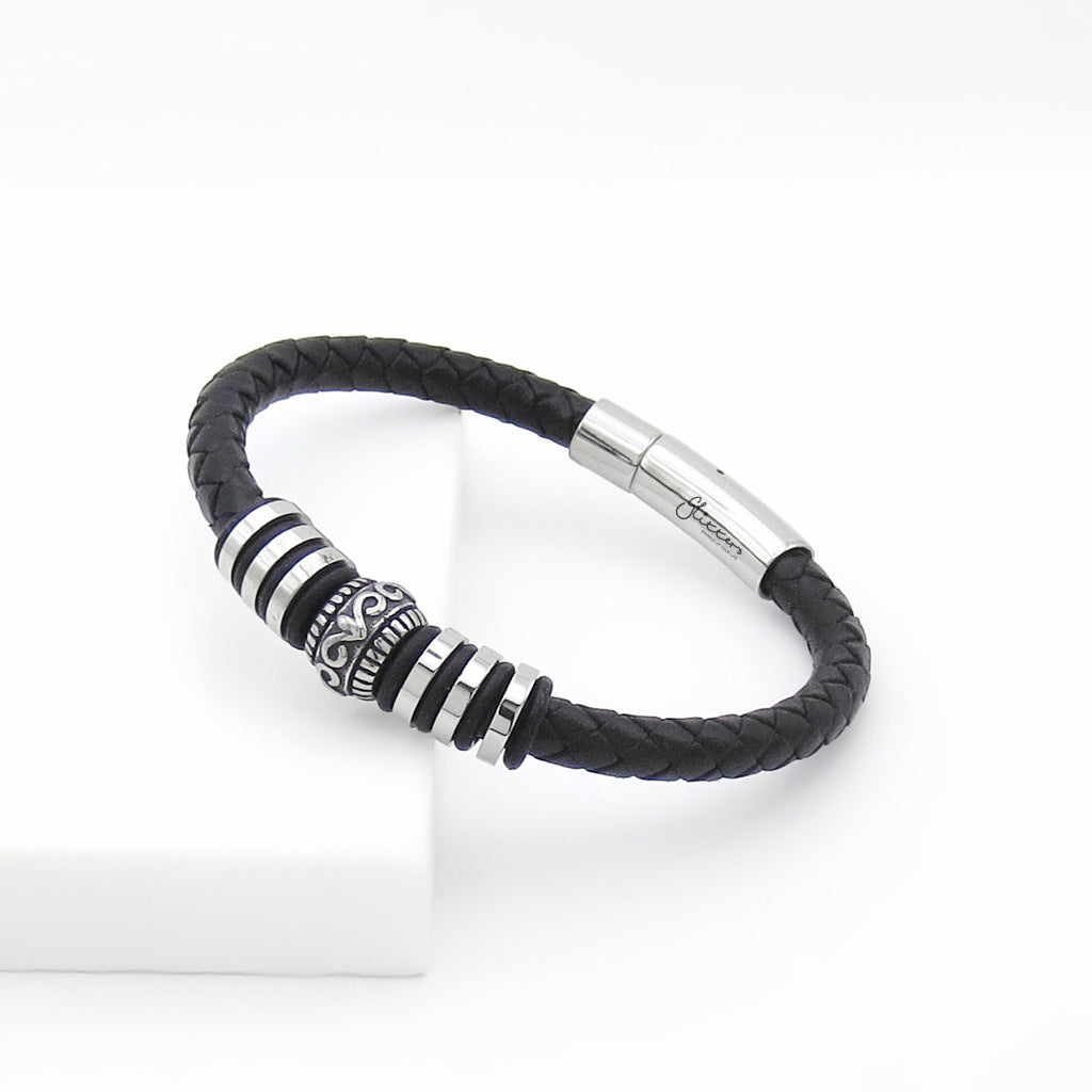 Single-Band Braided Leather Bracelet with Patterned Steel Accents