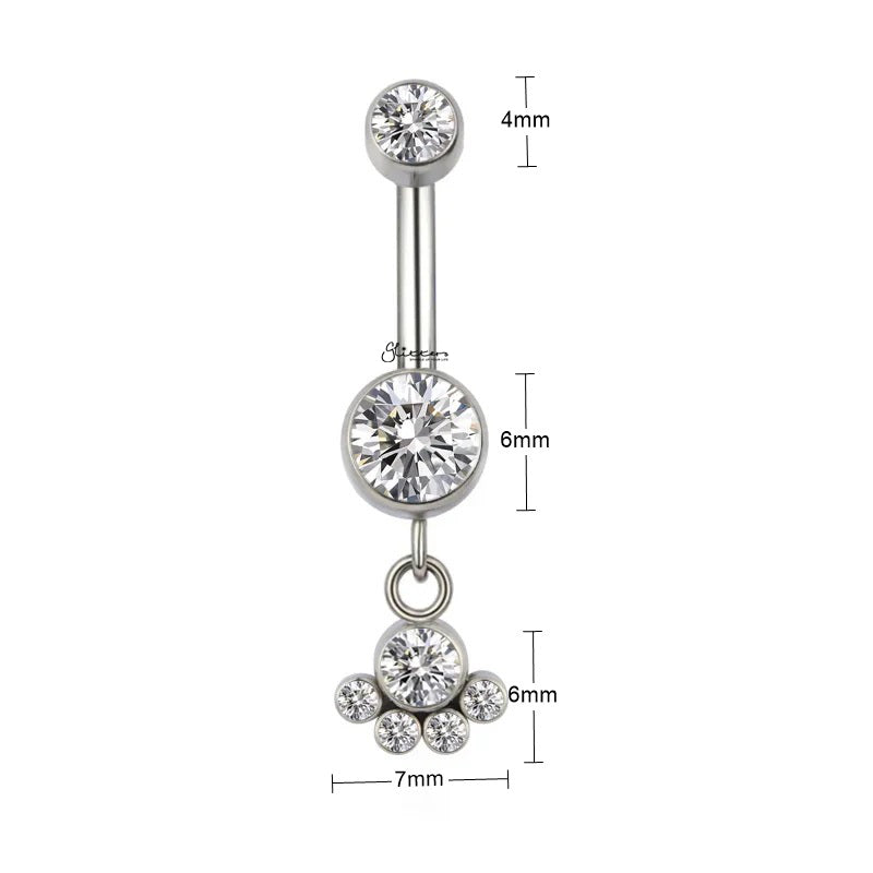 Titanium Double CZ With Dangle CZ Cluster Belly Button Ring-Belly Rings-3-Glitters