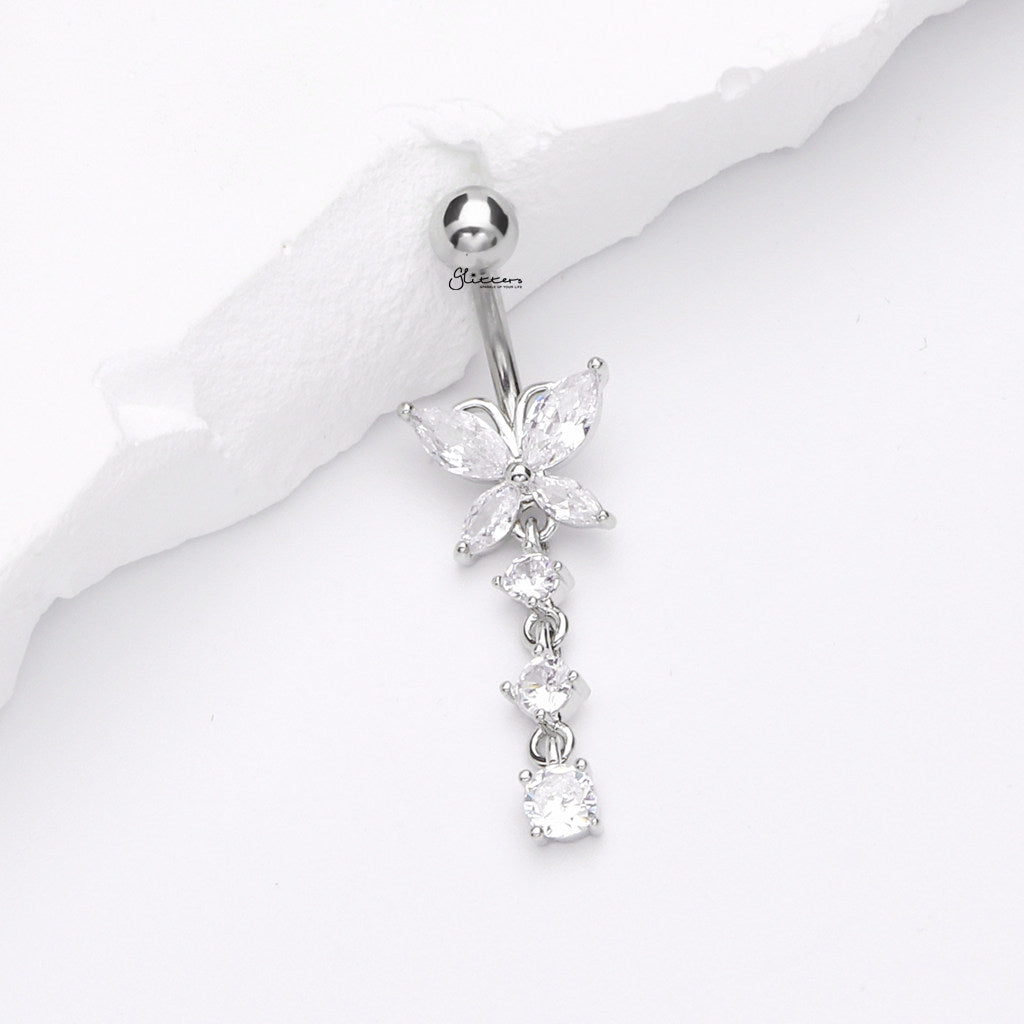 CZ Butterfly with 3 Dangle CZ Belly Button Navel Ring - Silver-Belly Rings-1-Glitters