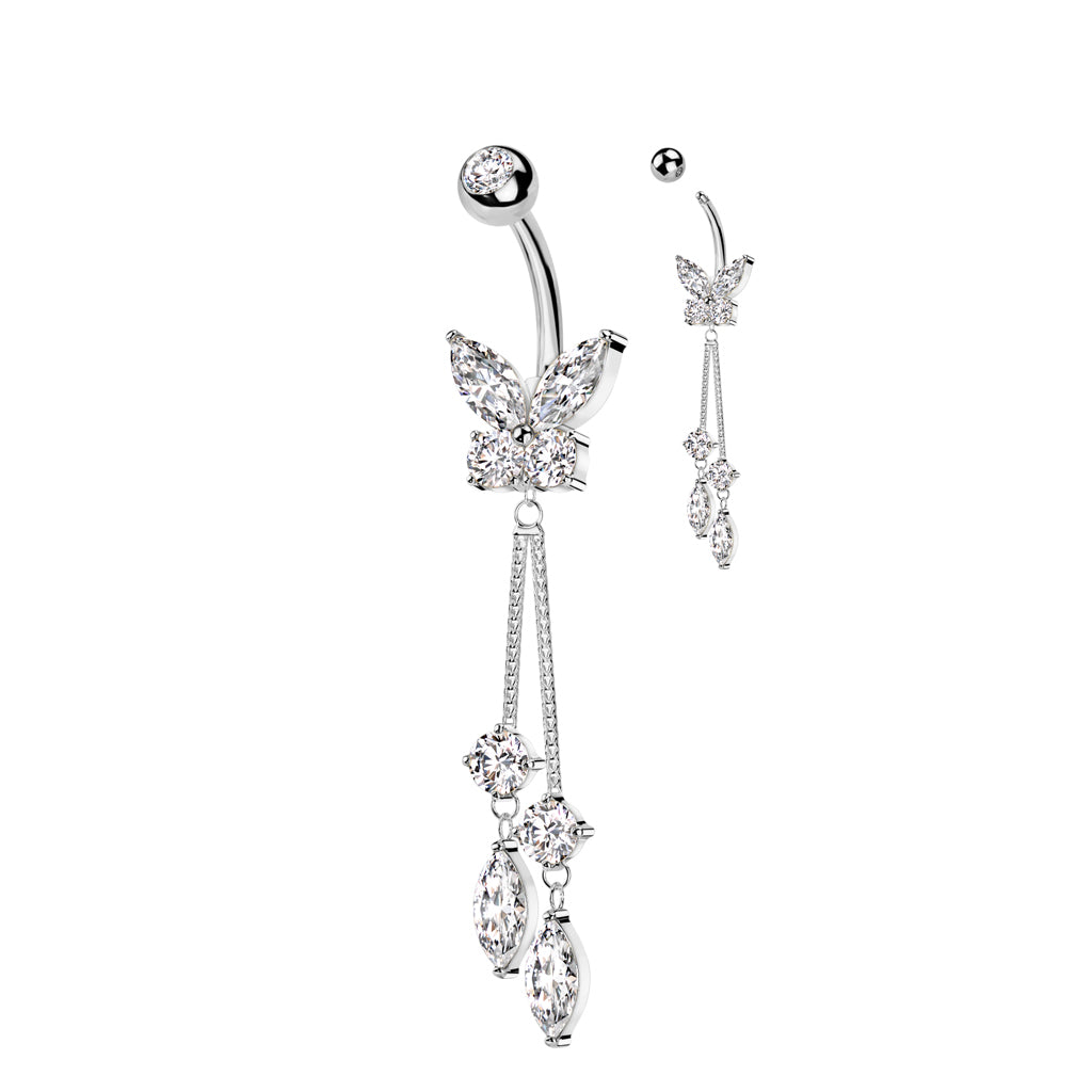 CZ Butterfly with Dangle Marquise CZ Belly Button Navel Ring - Silver-Belly Rings-1-Glitters