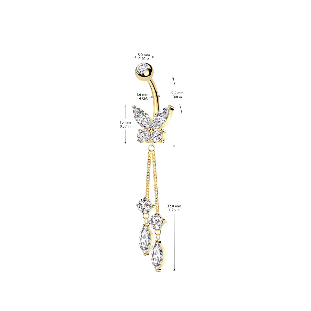 CZ Butterfly with Dangle Marquise CZ Belly Button Navel Ring - Gold-Belly Rings-2-Glitters