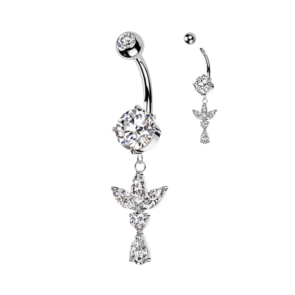 3 Marquise CZ Leaf and Pear CZ Belly Button Navel Ring - Silver-Belly Rings-1-Glitters