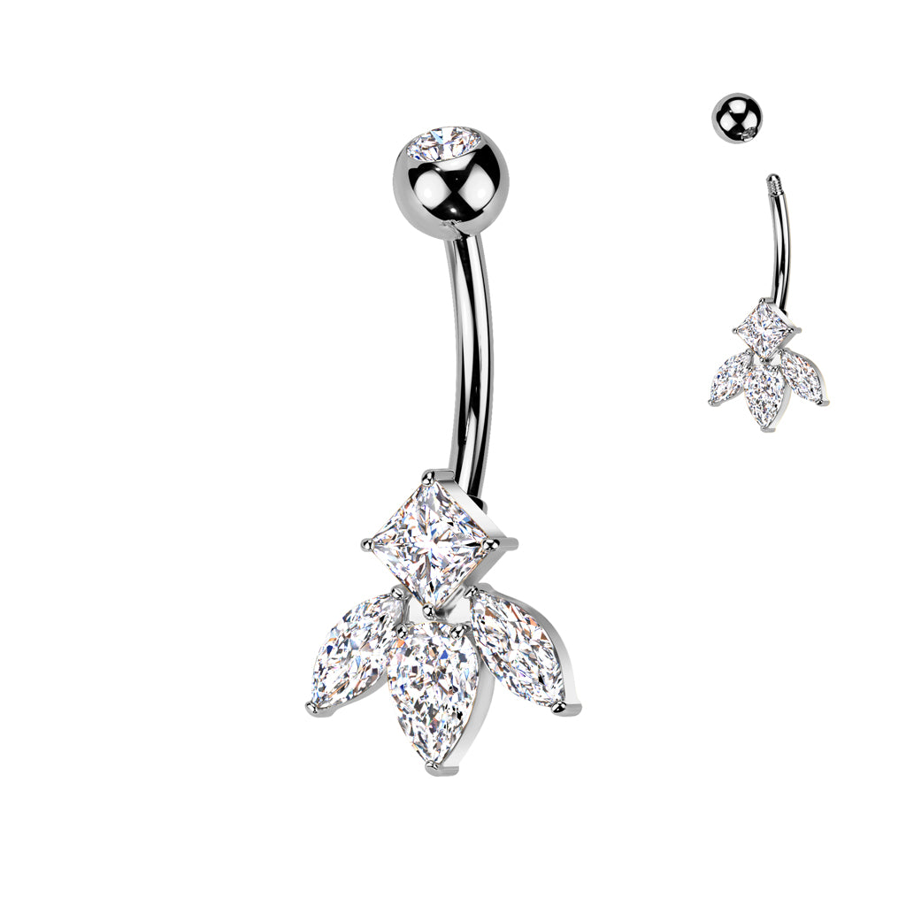 Marquise And Diamond CZ Flower Titanium Belly Button Ring - Silver-Belly Rings-1-Glitters