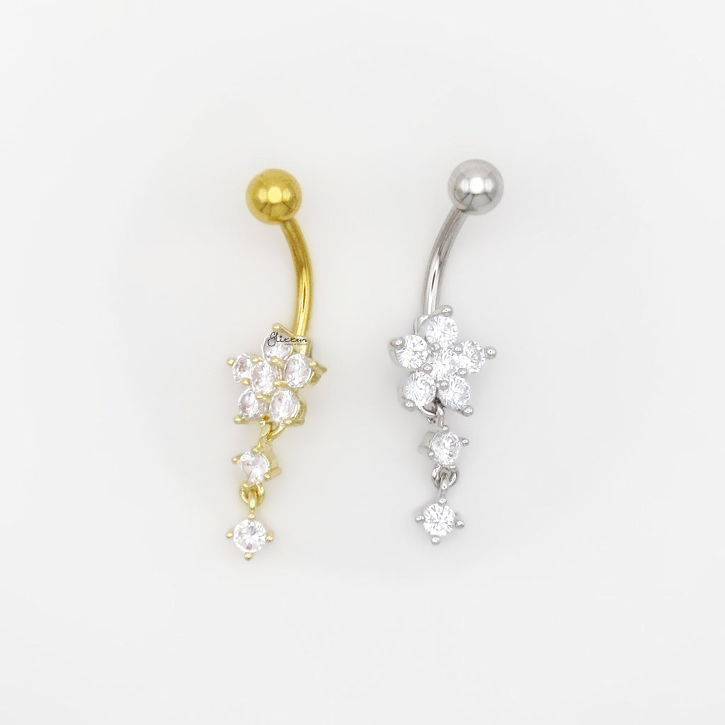 CZ Flower Dangle Belly Button Navel Ring - Gold-Belly Rings-2-Glitters