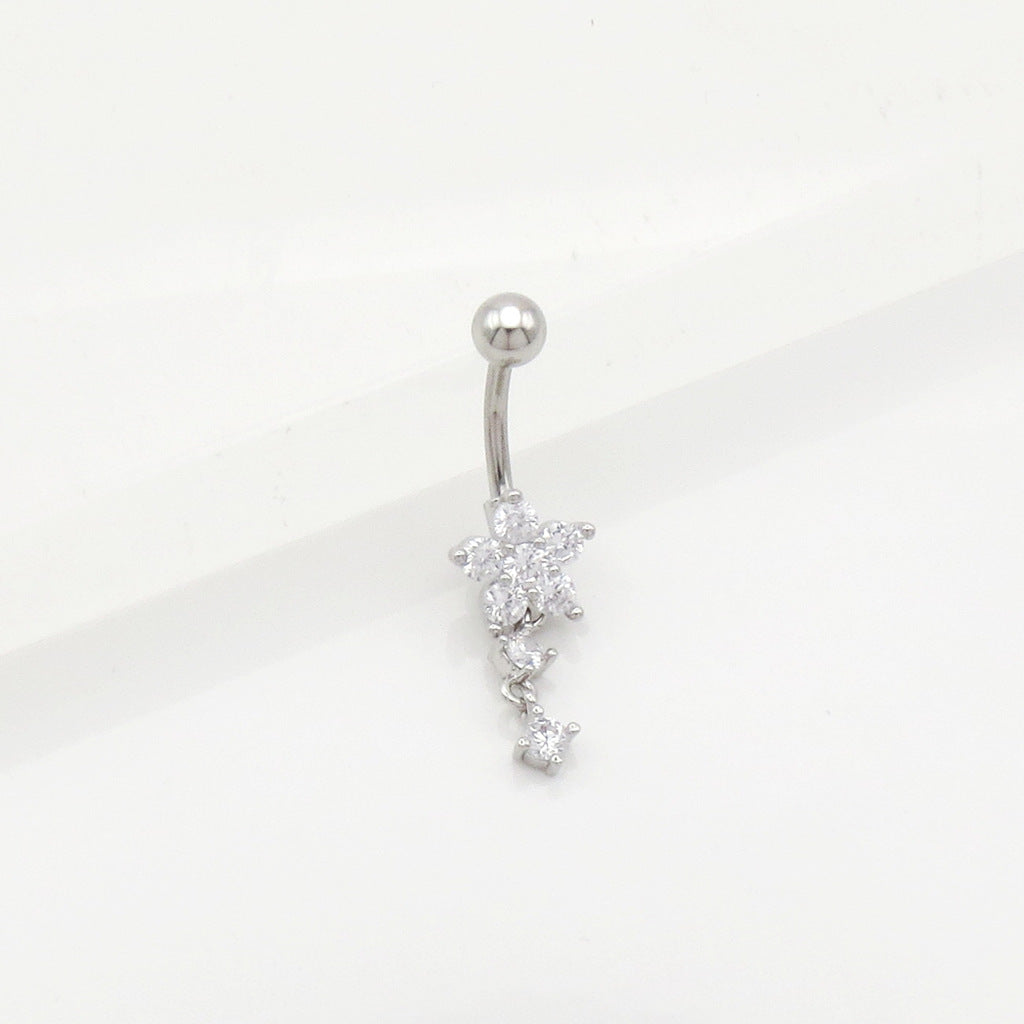 CZ Flower Dangle Belly Button Navel Ring - Silver-Belly Rings-1-Glitters