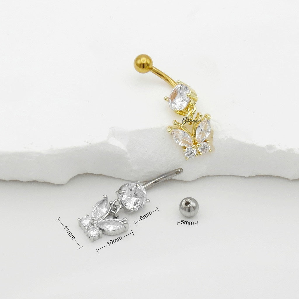 CZ Butterfly Dangle Belly Button Navel Ring - Gold