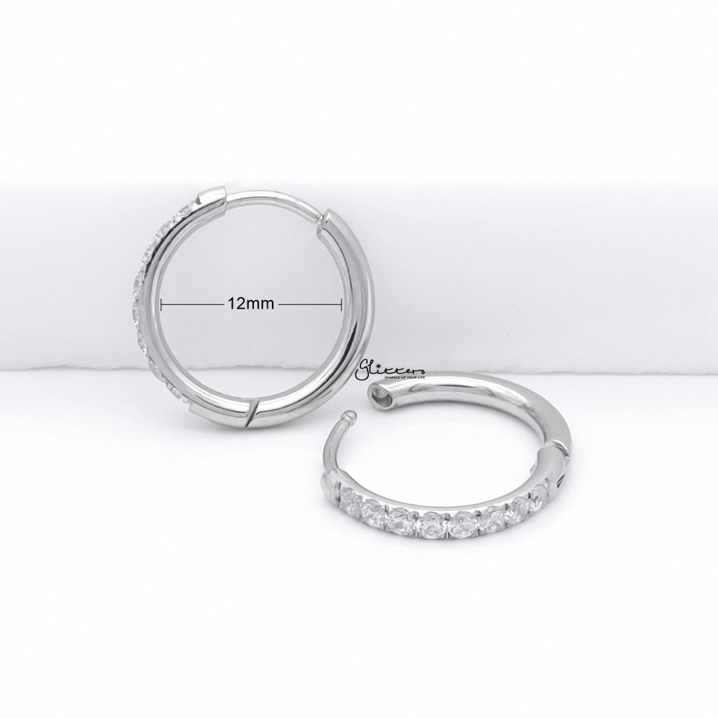 Stainless Steel Round CZ Huggie Hoop Earrings - Silver-Hoop Earrings-5-Glitters