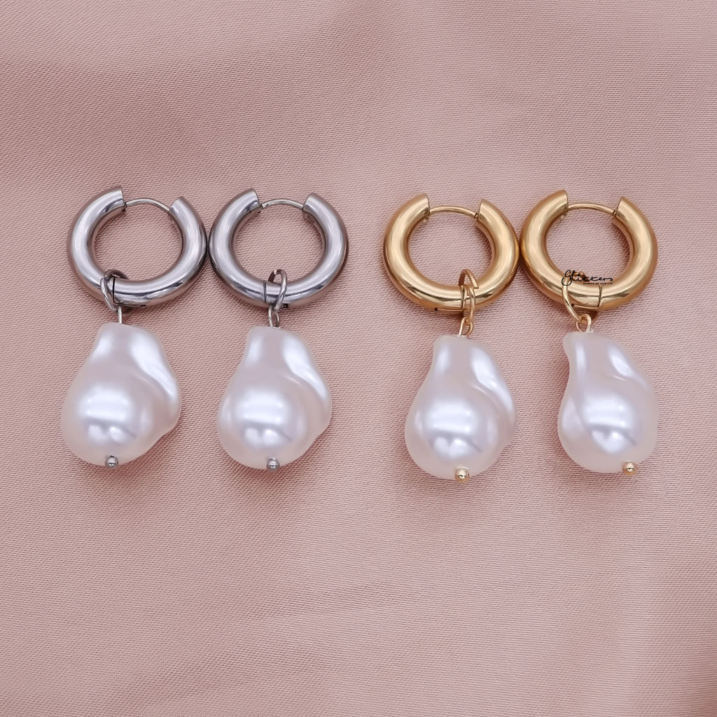 Stainless Steel Hoop Earrings with Pearl Drop - Gold-Earrings-5-Glitters