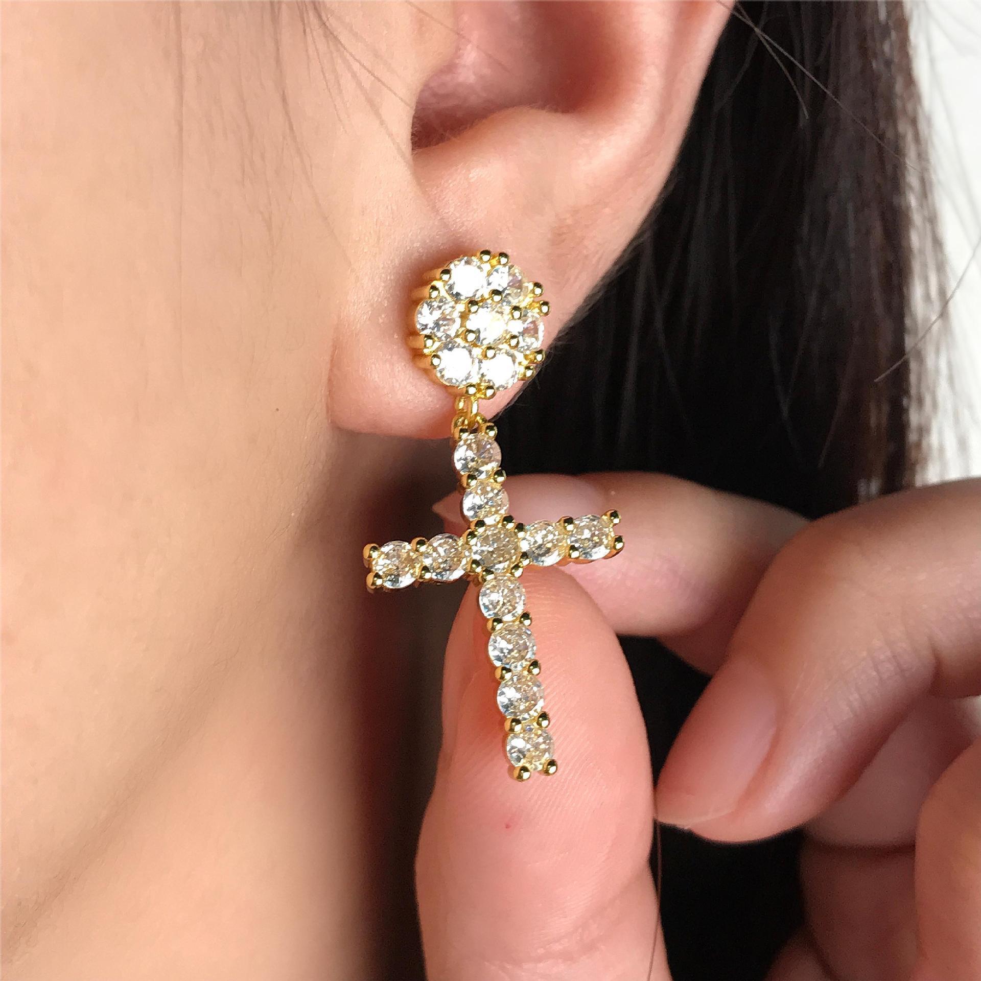 CZ Paved Round Stud Earrings with Dangle Cross - Gold-Stud Earrings-2-Glitters