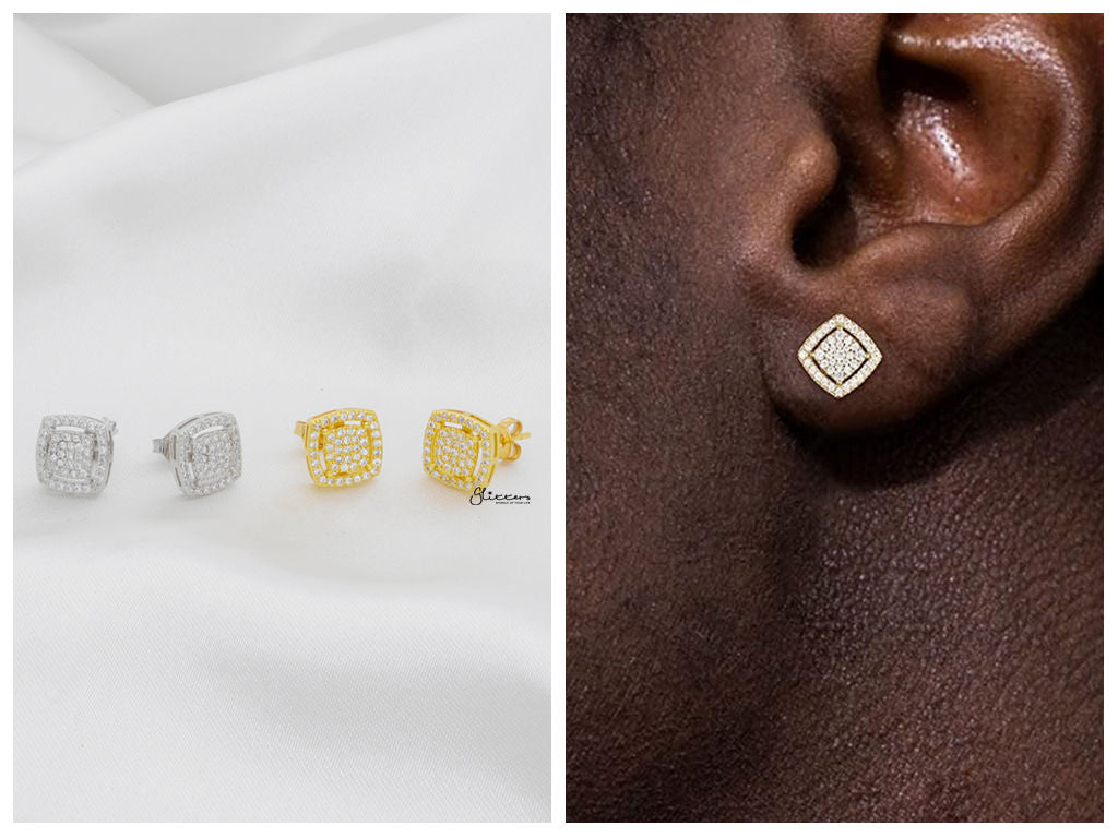 CZ Paved Square Stud Earrings - Gold-Stud Earrings-3-Glitters