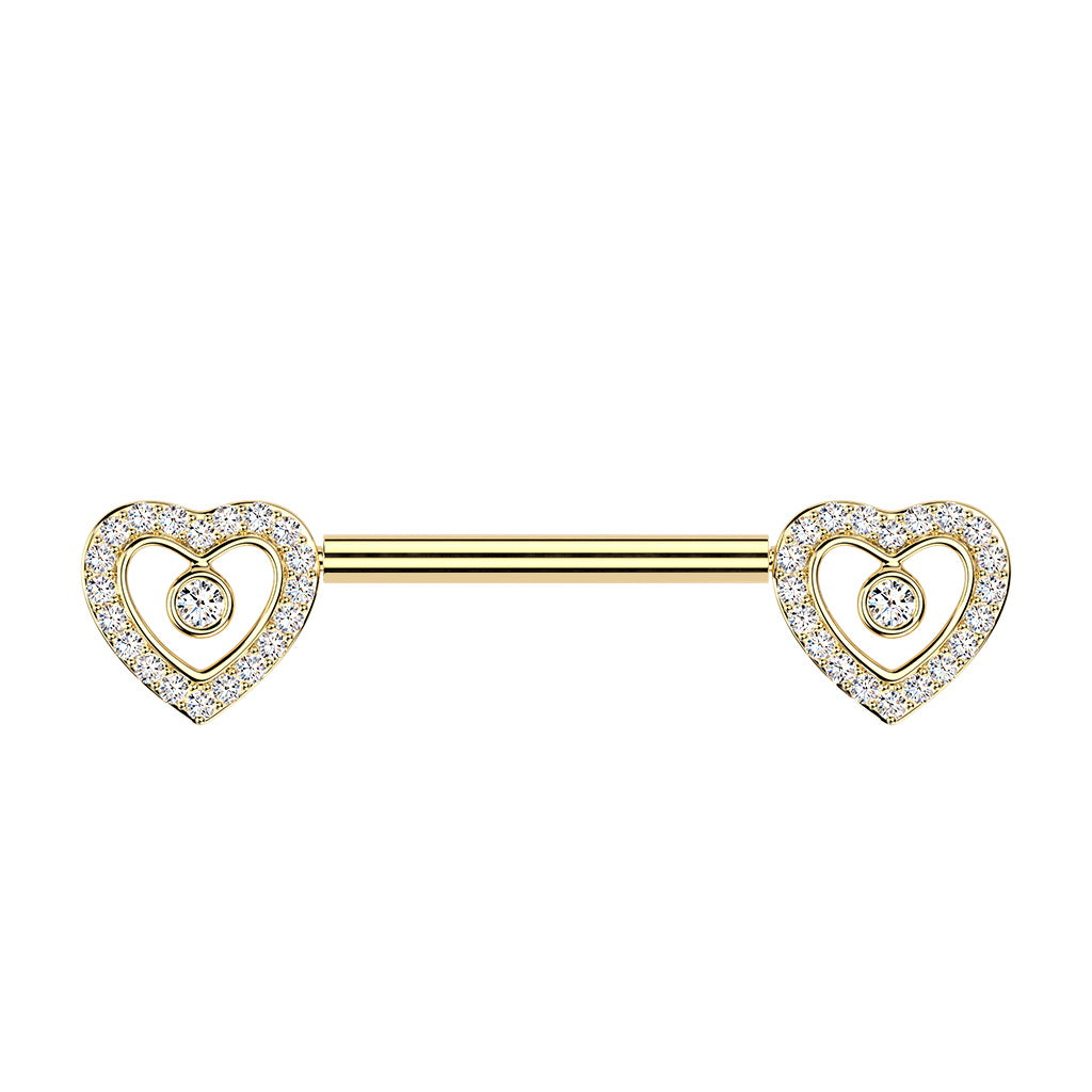 CZ Heart Threadless Push In Nipple Barbell - Gold-Nipple Barbells-1-Glitters