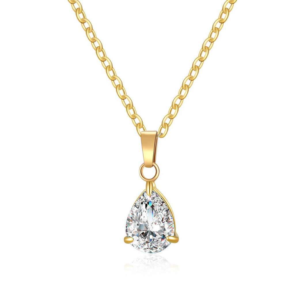 Stainless Steel Pear Cut CZ Teardrop Pendant Necklace - Clear