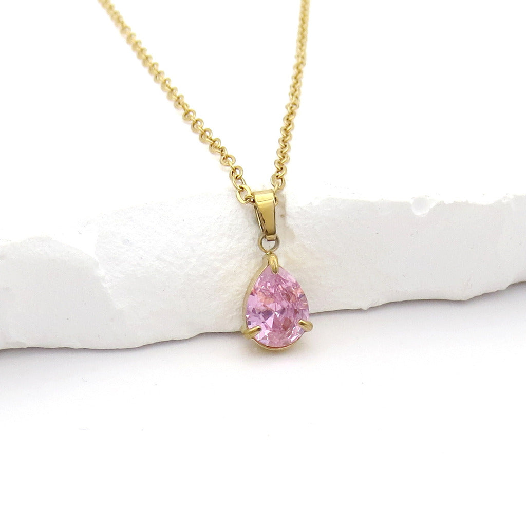 Stainless Steel Pear Cut CZ Teardrop Pendant Necklace - Pink