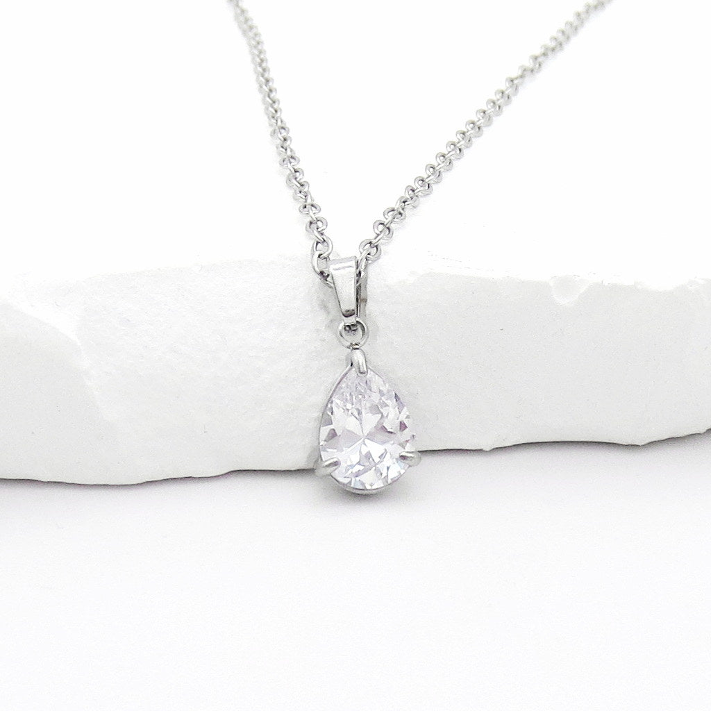 Stainless Steel Pear Cut CZ Teardrop Pendant Necklace - Clear