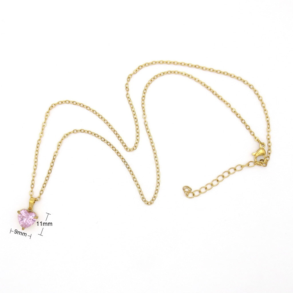 Stainless Steel Heart Cut CZ Pendant Necklace - Pink