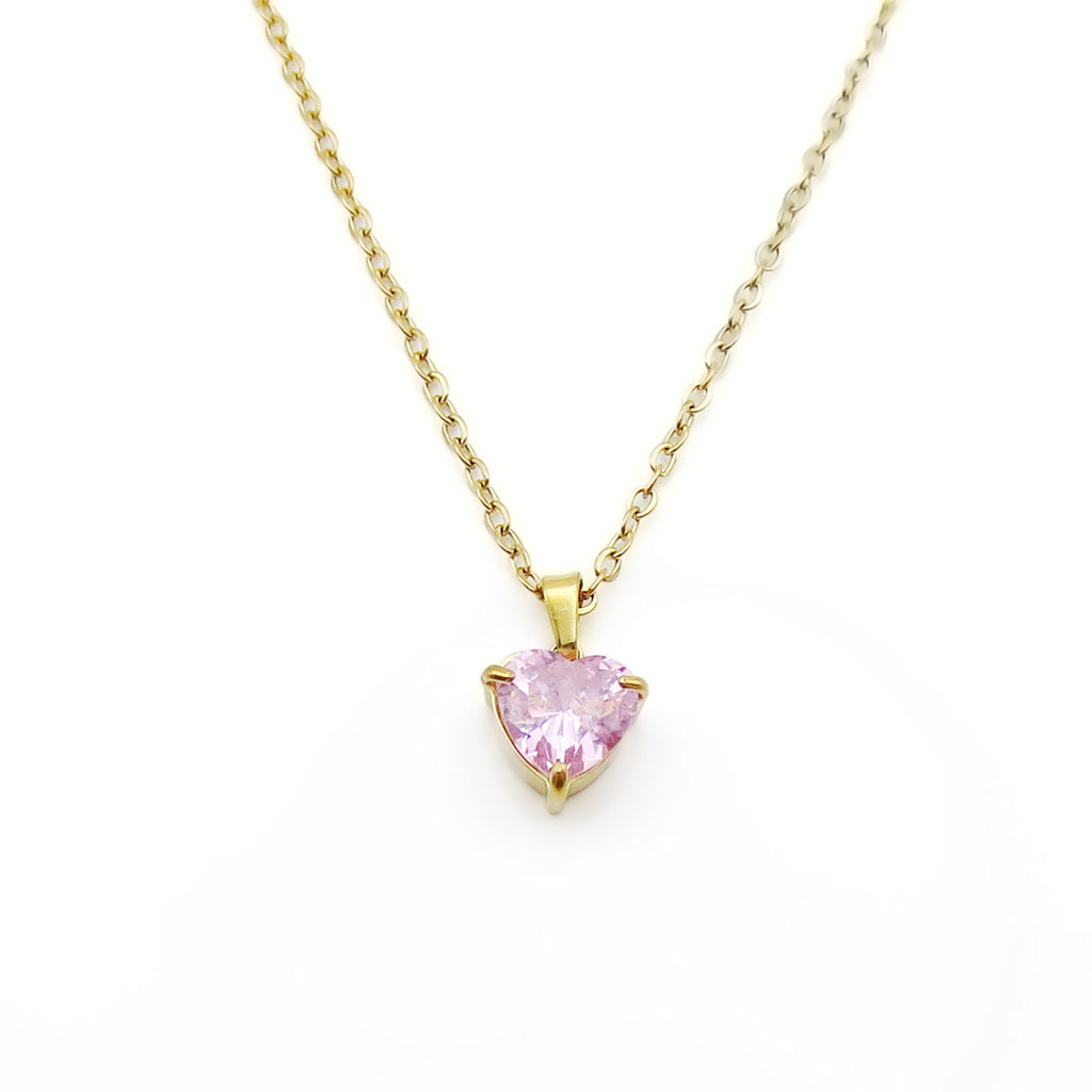 Stainless Steel Heart Cut CZ Pendant Necklace - Pink