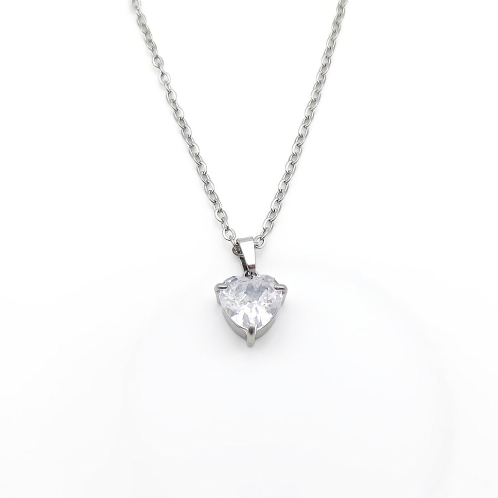 Stainless Steel Heart Cut CZ Pendant Necklace - Clear