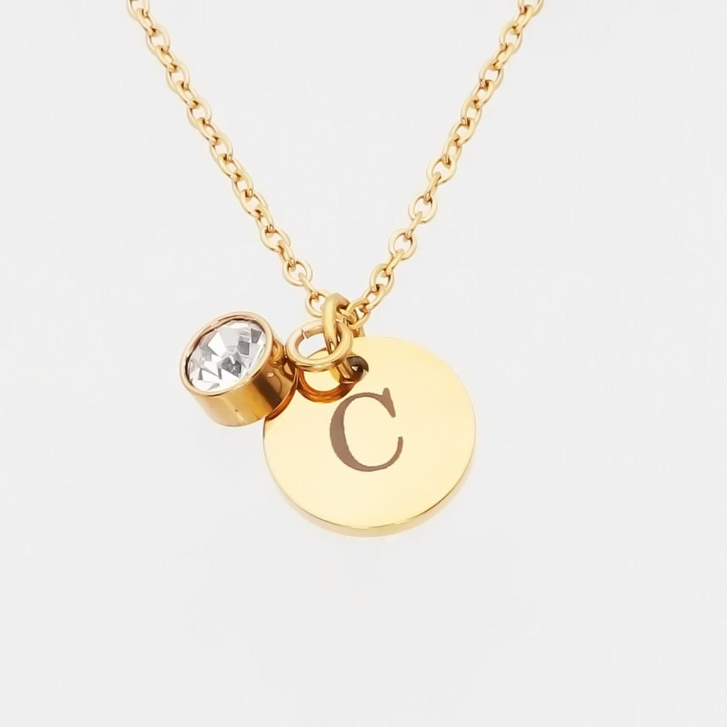 Personalised Round Disc Necklace - Initial & Birthstone-Personalised Jewellery-2-Glitters