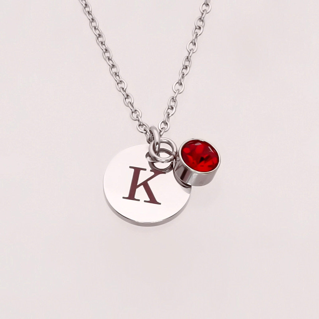 Personalised Round Disc Necklace - Initial & Birthstone-Personalised Jewellery-3-Glitters