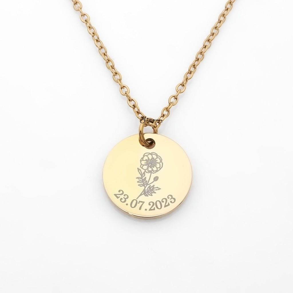 Personalised Round Disc Necklace - Name | Birth Flower | Date-Personalised Jewellery-4-Glitters