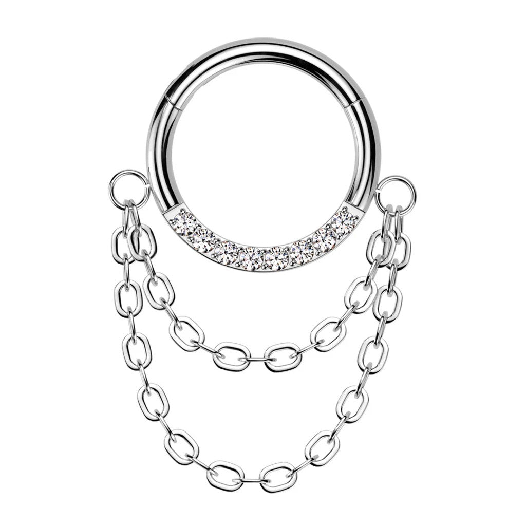 Titanium CZ Segment Hoop with Double Chain Dangle-Septum Rings-1-Glitters