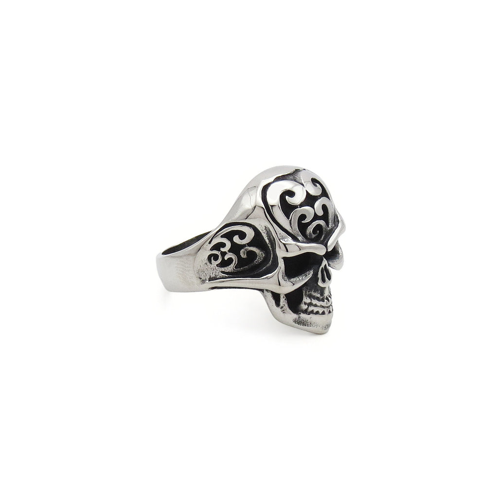Stainless Steel Skull Ring with Tribal Carved Design