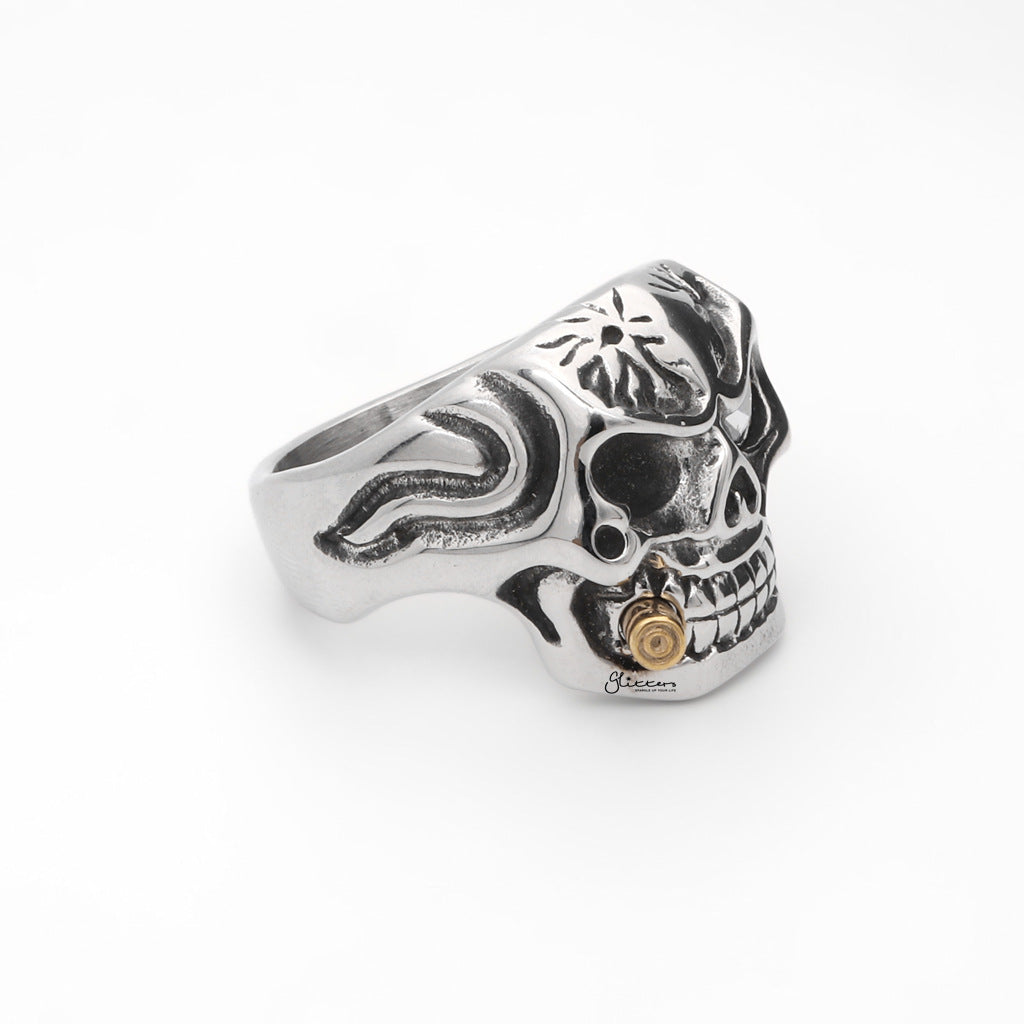 Stainless Steel Skull with Gold Bullet Ring-Stainless Steel Rings-3-Glitters