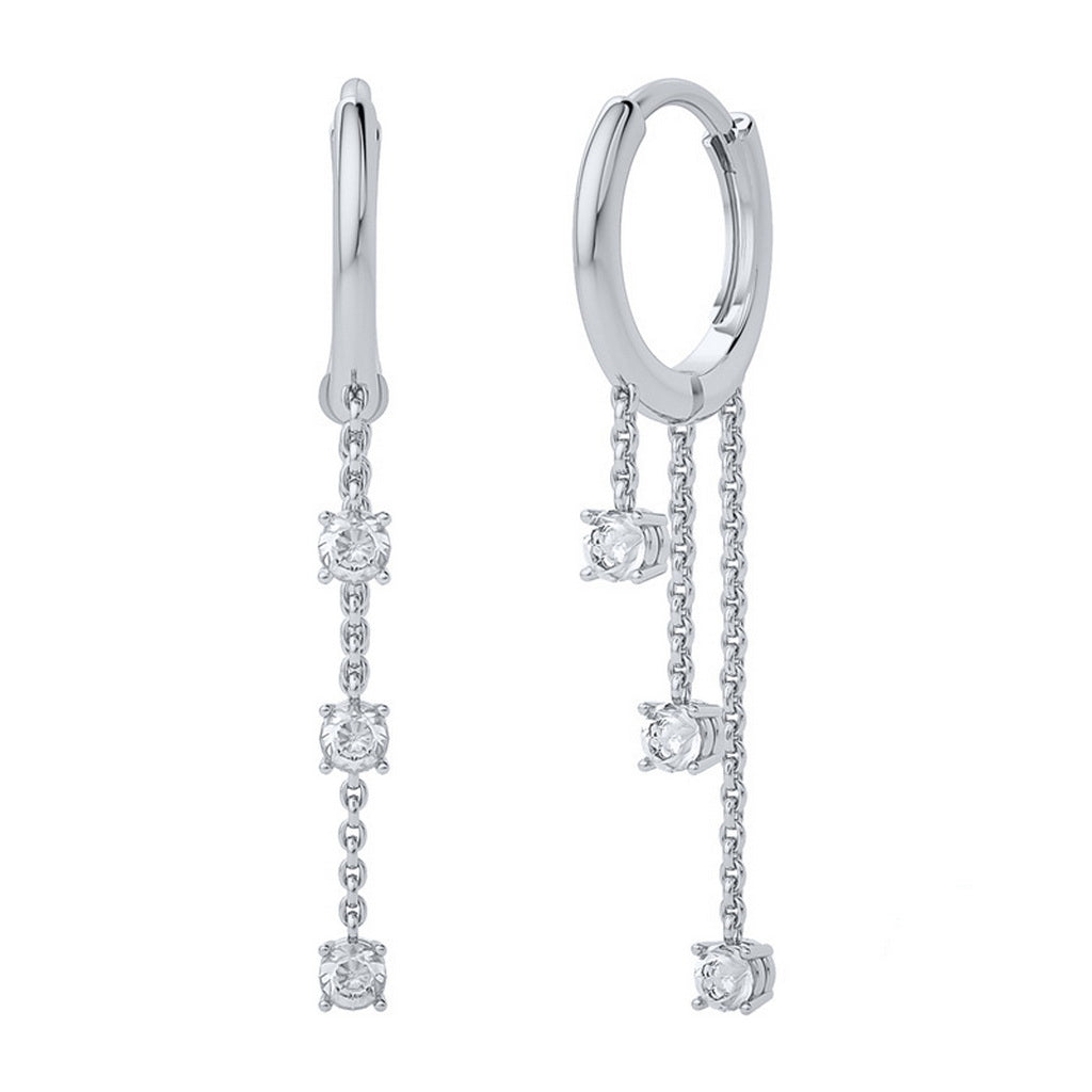 Sterling Silver Hoop Earrings with Three Drop CZ Charms - Silver-Hoop Earrings-1-Glitters