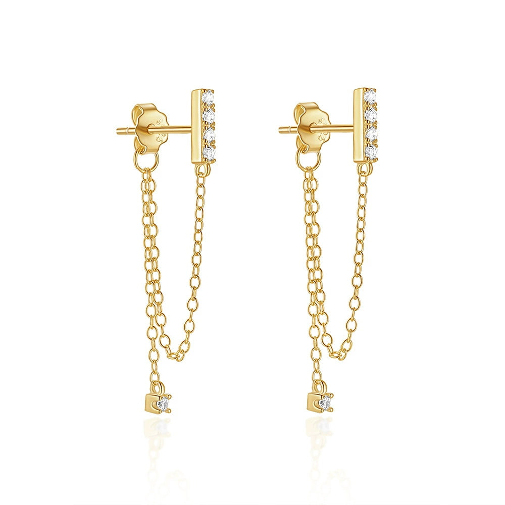 CZ Paved Bar with Chain Stud Earrings - Gold-Stud Earrings-1-Glitters