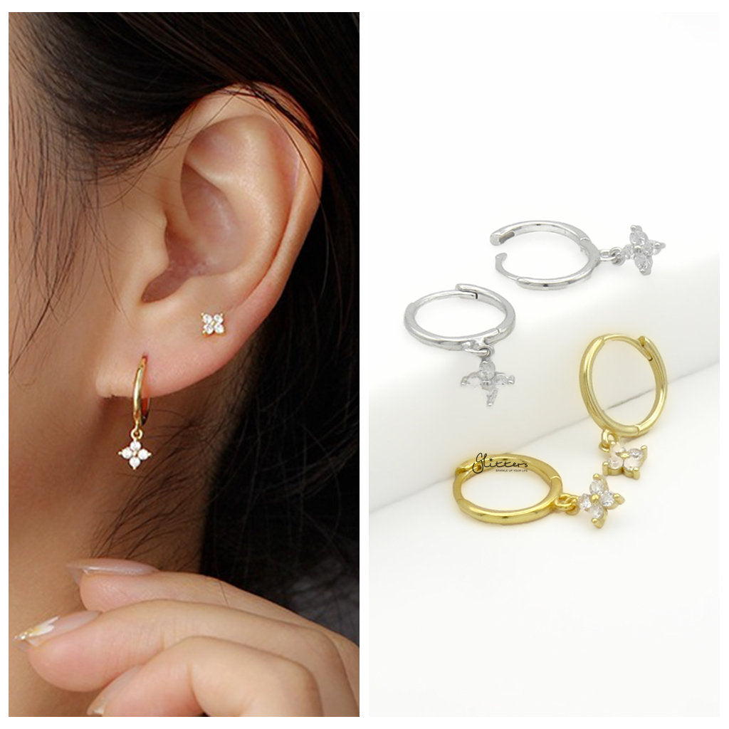 Sterling Silver Huggie Hoop Earrings with CZ Floral Dangle - Gold-Hoop Earrings-2-Glitters