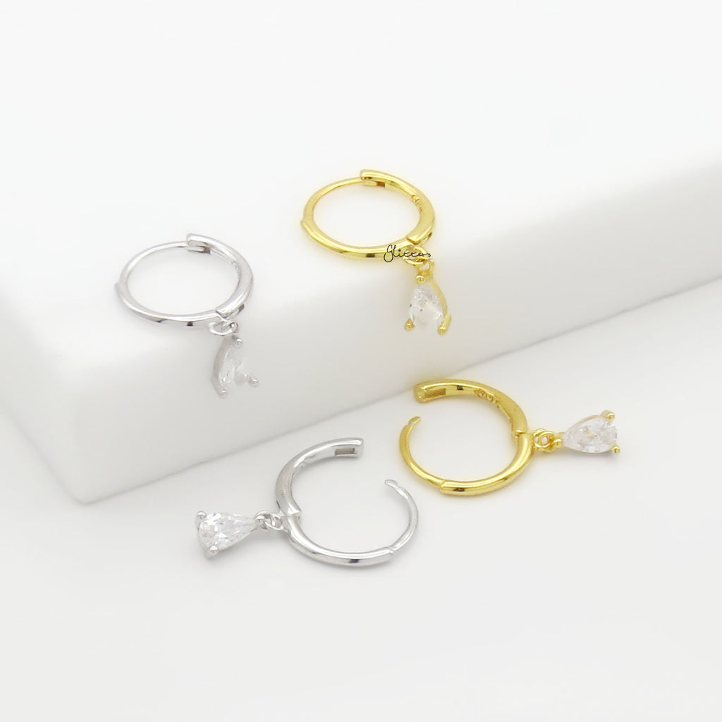 CZ Teardrop Charm Sterling Silver Hoop Earrings - Gold-Hoop Earrings-5-Glitters