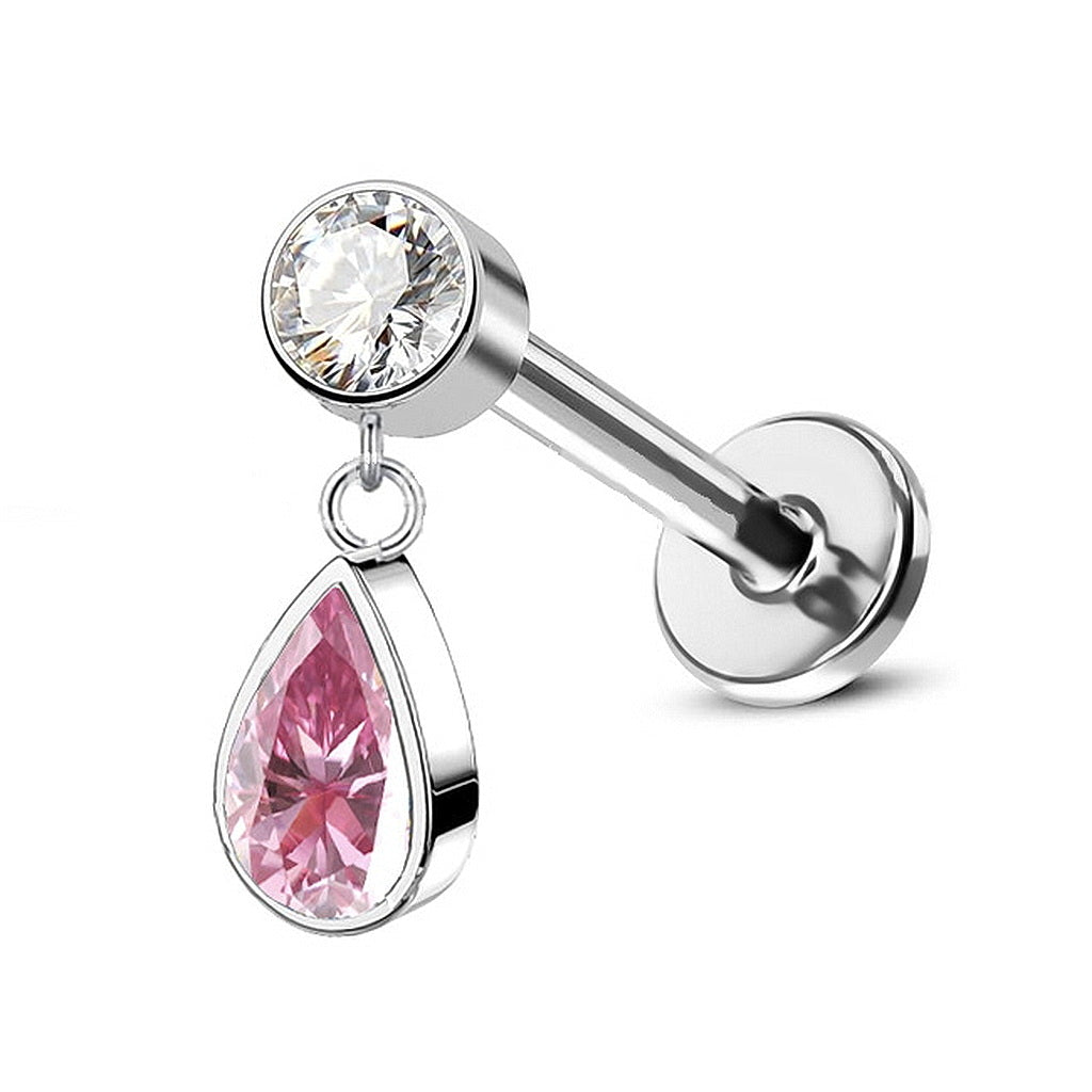 Teardrop CZ Top Internally Threaded Flat Back Stud - Pink-Tragus | Cartilage | Daith | Conch-2-Glitters