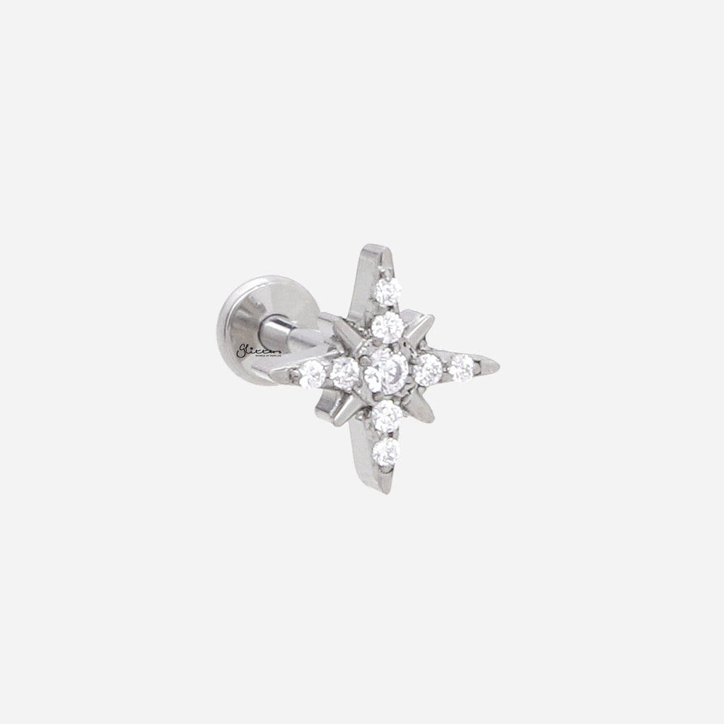 CZ North Star Top Internally Threaded Titanium Flat Back Stud-Tragus | Cartilage | Daith | Conch-2-Glitters