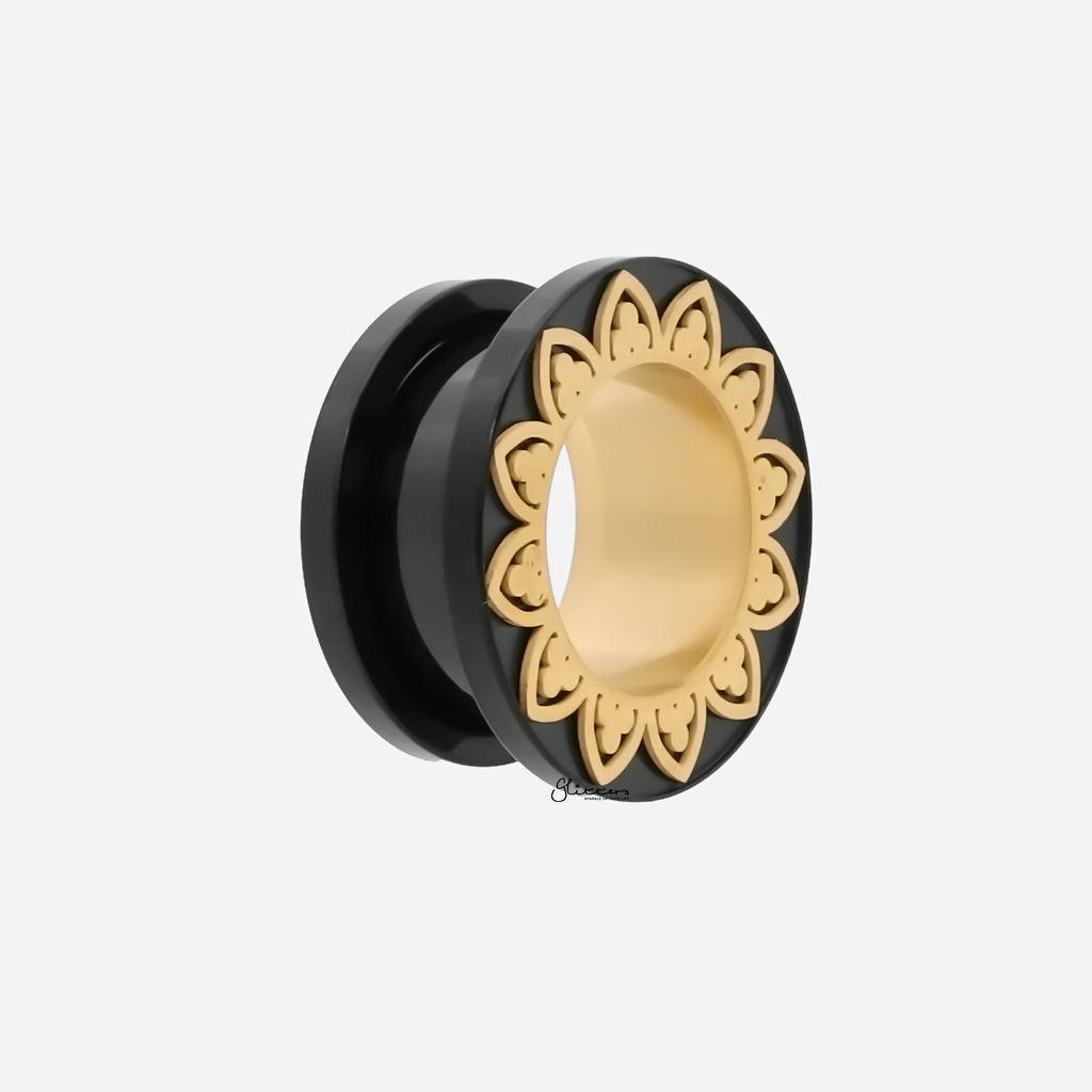 Black Screw Fit Tunnel Ear Plug with Gold Filigree Rim-Tunnels-2-Glitters