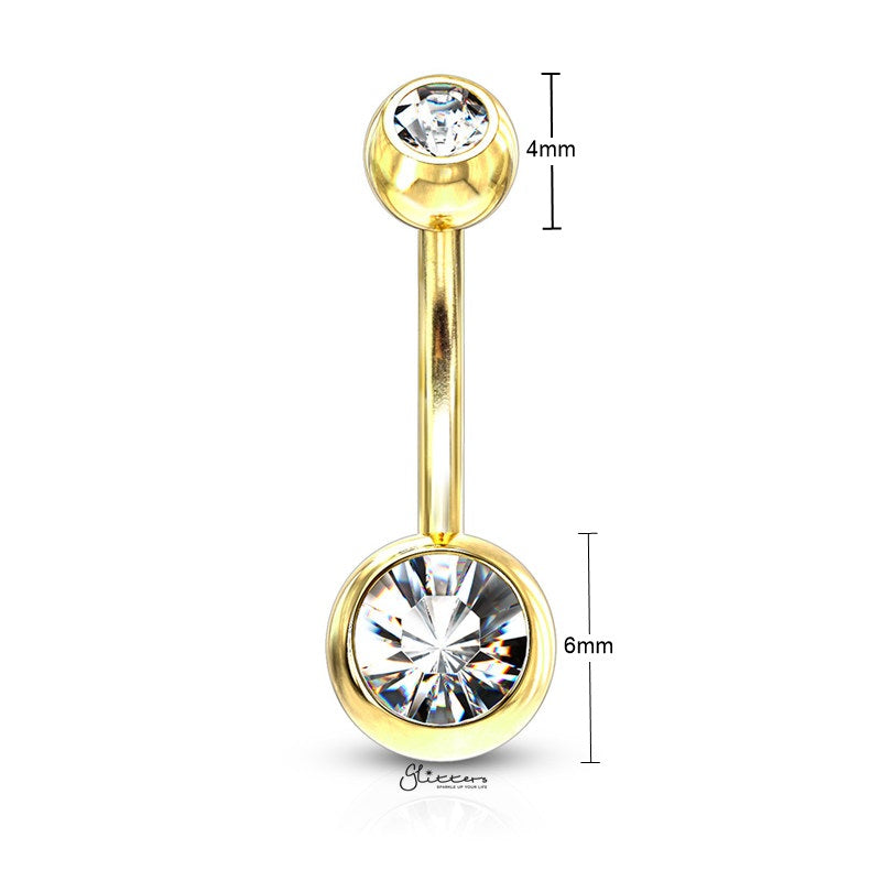 Gold I.P Double Gems Belly Button Navel Ring - Clear-Belly Ring, Body Piercing Jewellery-BJ0058-smlC_New-Glitters