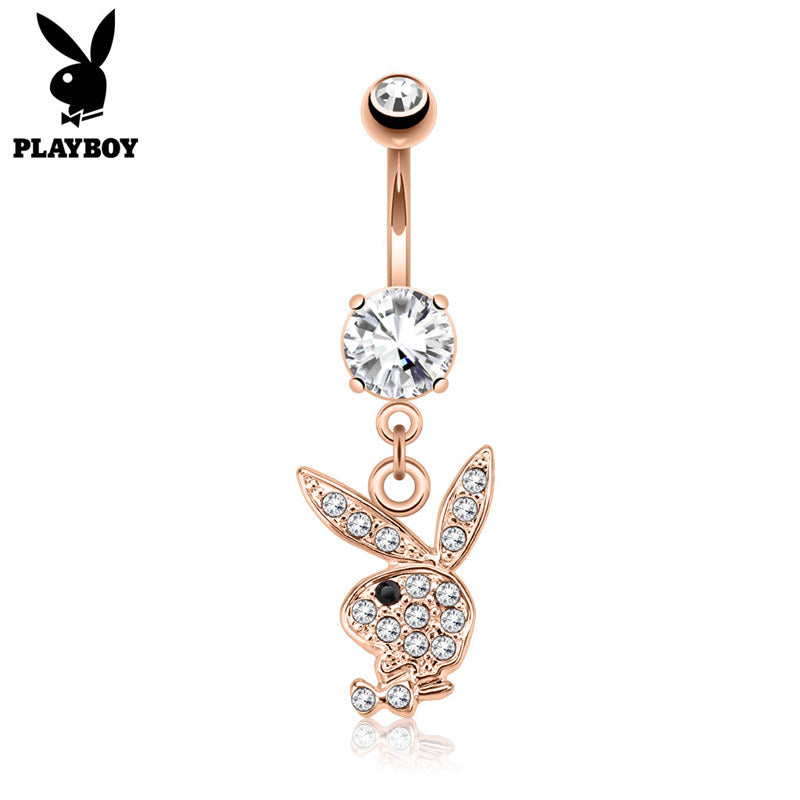 Clear Crystal Paved Playboy Bunny Dangle Belly Button Navel Ring - Rose Gold-Belly Ring, Body Piercing Jewellery, Crystal, Cubic Zirconia-BJ0337-RG-Glitters