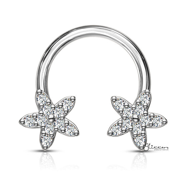 Surgical Steel Front Facing CZ Flower Ends Horseshoes Barbell - Silver-Body Piercing Jewellery, Cubic Zirconia, Horseshoe, Septum Ring, Tragus-CP0019-01-Glitters