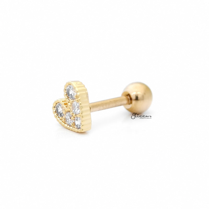 C.Z Paved Heart Cartilage/Tragus Ball End | Flat Back Studs - Gold-Body Piercing Jewellery, Cartilage, Cubic Zirconia, Jewellery, Tragus, Women's Earrings, Women's Jewellery-CZHearttrugusballend-Glitters