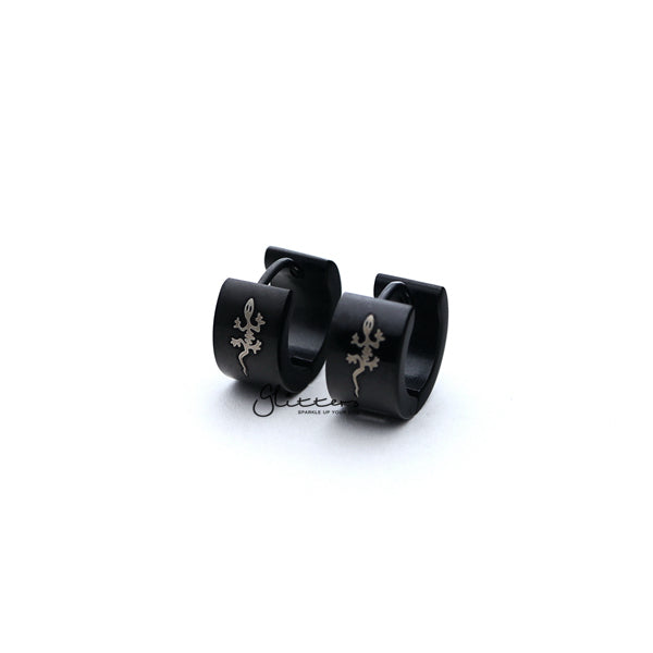 Black Titanium IP Stainless Steel Lizard Huggie Hoop Earrings-earrings, Hoop Earrings, Huggie Earrings, Jewellery, Men's Earrings, Men's Jewellery, Stainless Steel-ER0122_lizard_KL01-Glitters