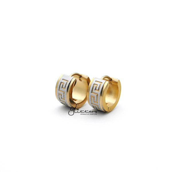 18K Gold IP Stainless Steel Greek Key Hinged Hoop Earrings with Step Edges-earrings, Hoop Earrings, Huggie Earrings, Jewellery, Men's Earrings, Men's Jewellery, Stainless Steel, Women's Earrings, Women's Jewellery-ER0304_Greek_Key_01-Glitters
