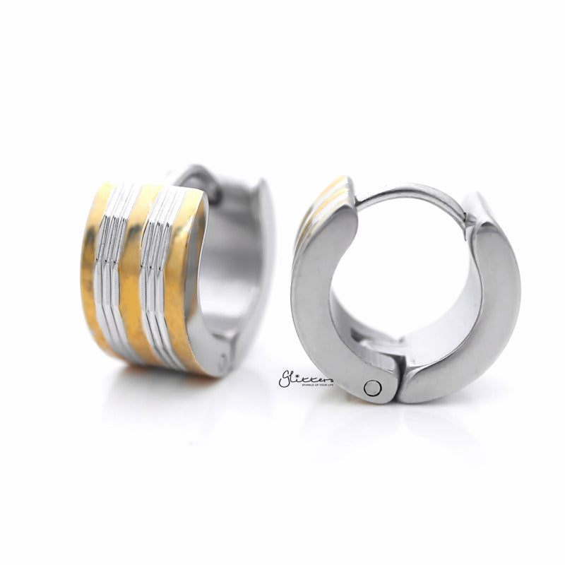 18K Gold IP Stainless Steel Hinged 2 Silver Lines Center Hoop Earrings-earrings, Hoop Earrings, Huggie Earrings, Jewellery, Men's Earrings, Men's Jewellery, Stainless Steel-ER1535_2-Glitters