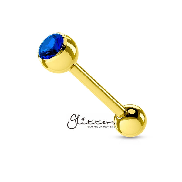 18K Gold I.P Over Surgical Steel Tongue Bar with Single Blue Crystal-Body Piercing Jewellery, Crystal, Tongue Bar-GDPB03-1416-B-1-Glitters