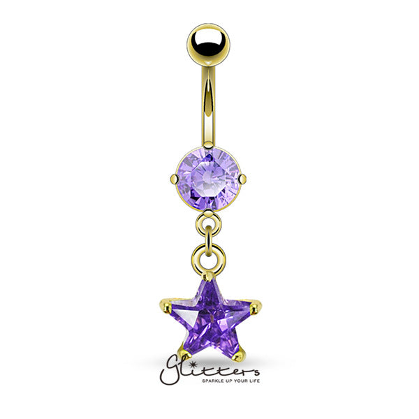 14kt Gold Ion Plated Tanzanite Star Shaped Cubic Zirconia Dangle Belly Button Ring-Belly Ring, Body Piercing Jewellery, Cubic Zirconia-GDPN1003-TZ-2-Glitters