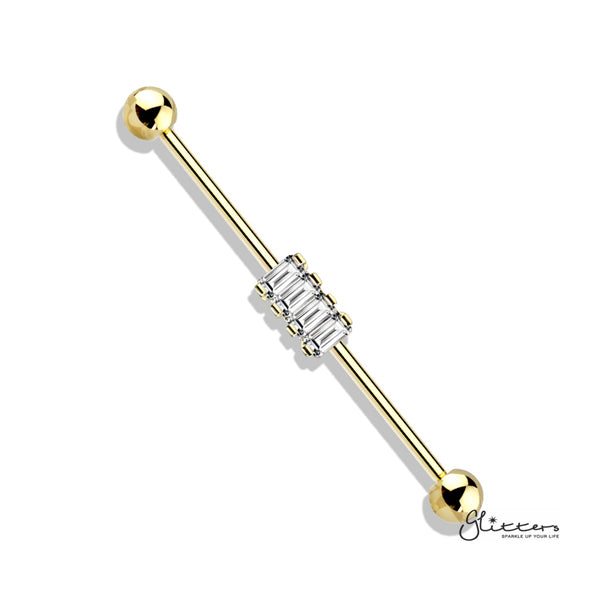 316L Surgical Steel Industrial Barbells with 4 Square CZ Set-Body Piercing Jewellery, Cubic Zirconia, Industrial Barbell-IB0003-BI79-G-Glitters