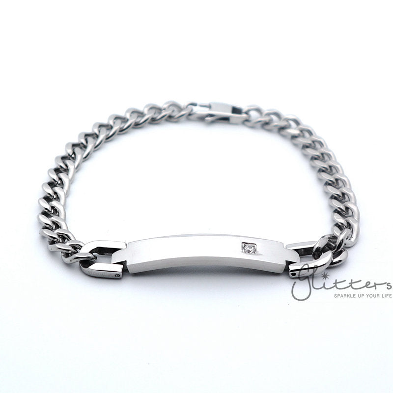 Stainless Steel Men's ID Bracelet with A Cubic Zirconia Stone-Bracelets, Cubic Zirconia, Engravable, ID Bracelet, Jewellery, Men's Bracelet, Men's Jewellery, Stainless Steel, Stainless Steel Bracelet-IMG_1165-Glitters
