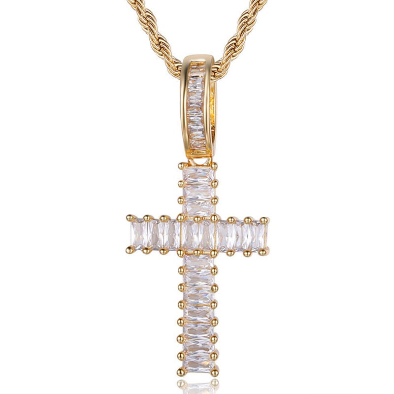 Baguette Diamond Cross Pendant - Gold-Hip Hop, Hip Hop Pendant, Iced Out, Jewellery, Men's Necklace, Necklaces, Pendants, Women's Jewellery, Women's Necklace-NK1045-G2-800-Glitters