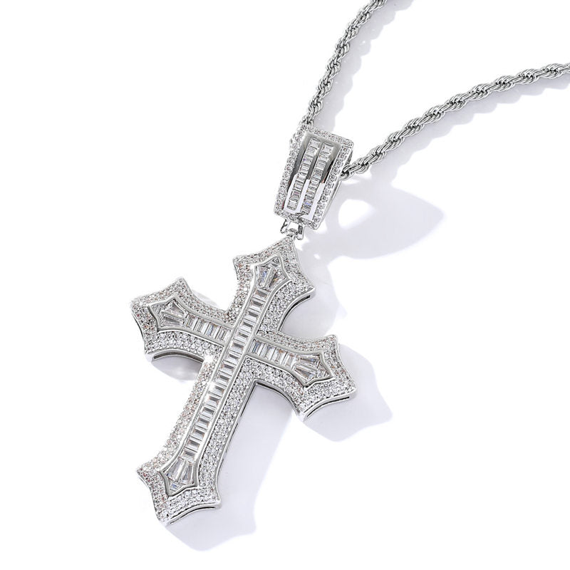 Iced Out Baguette Cut CZ Cross Pendant - Silver-Hip Hop, Hip Hop Pendant, Iced Out, Men's Necklace, Necklaces, Pendants-NK1086S2-Glitters