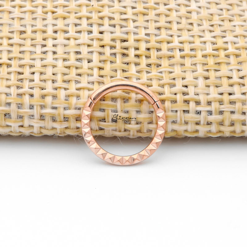 Front Facing Pyramid Laser Cut Titanium Hinged Segment Hoop Ring - Rose Gold-Body Piercing Jewellery, Cartilage, Daith, G23 Titanium, Septum Ring-NS0127-RG2_800-Glitters